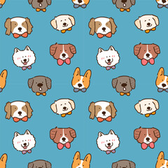 Fototapeta premium Seamless Pattern with Cute Cartoon Dog Face Design on Dark Blue Background. Hand Drawn Vector Illustration.