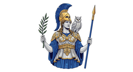 Obraz premium Greek Goddess Athena with Owl, Spear and Olive Branch – Ancient Mythology Warrior Illustration