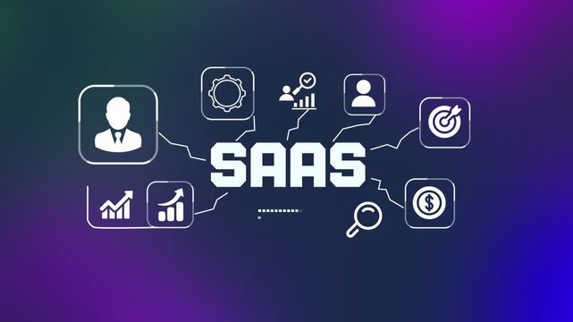  Cloud-based 3D SAAS software as a service business model concept with floating subscription icons on a digital platform.

