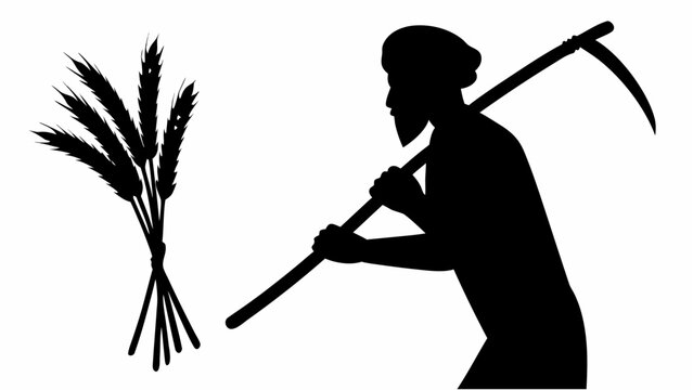 Sikh farmer harvesting wheat silhouette with scythe and bundle of wheat stalks on white background