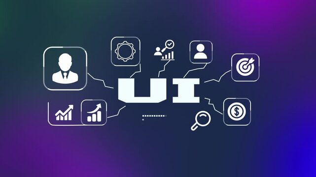 Stylized 3D UI user interface design concept with floating application icons on a futuristic blue digital platform for app development.