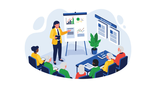 A female presenter conducts a workshop for a group of senior citizens, pointing to graphs on a flip chart in an isometric vector illustration.