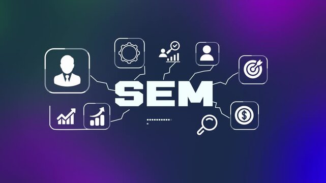 SEM search engine marketing analytics concept with digital advertising dashboard, keyword optimization and online business growth interface.