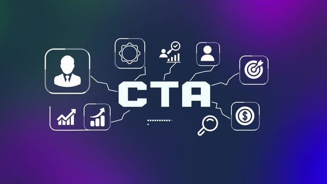 CTA call to action digital marketing concept with conversion optimization dashboard, user engagement icons and online business interface.