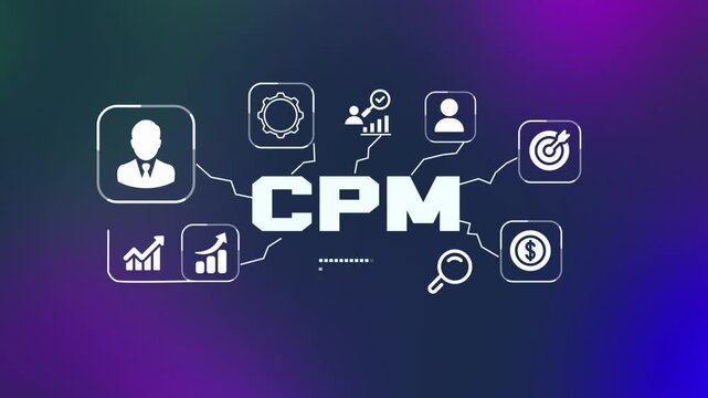 CPM cost per mile advertising analytics concept with digital marketing dashboard, business growth charts and connected technology interface.