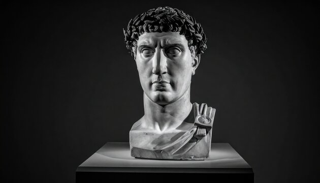 Detailed Marble Bust of a Roman Emperor Adorned with a Laurel Wreath, Historical Sculpture
