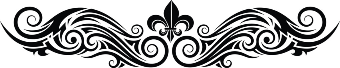 Elegant Black Fleur De Lis Ornamental Swirl Flourish Vector Illustration Isolated On White Background For Luxury Decorative Frame Wedding Design (22 words) © Sobuz