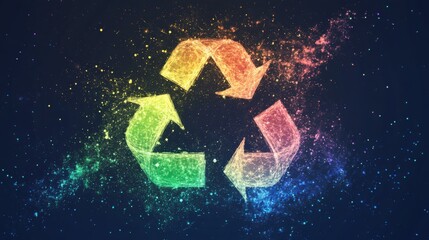Fototapeta premium Vibrant Recycling Symbol Illuminated with Colorful Digital Particles