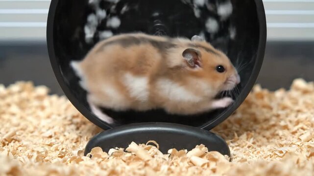 A small, adorable hamster running at full speed on a hamster wheel inside a cage filled with wood shavings, showcasing its energetic nature