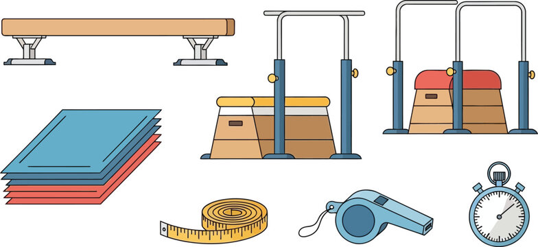 Assortment of gymnastics apparatus and training equipment includes balance beams, parallel bars, and safety mats.