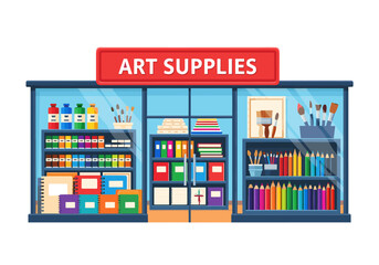 Art supplies store exterior with colorful products displayed on shelves behind glass windows