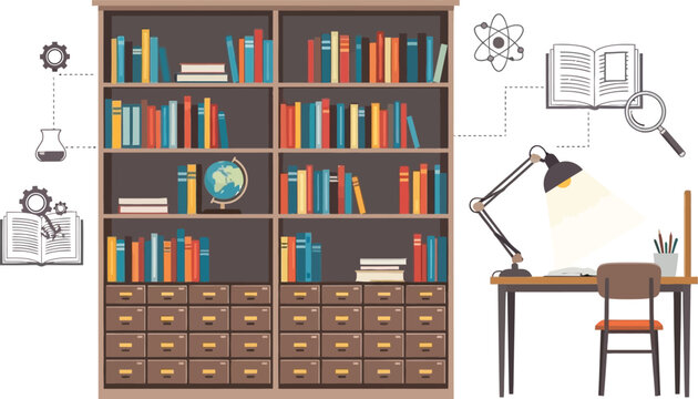 A well-organized bookshelf with a desk and lamp suggests a place for study and research.
