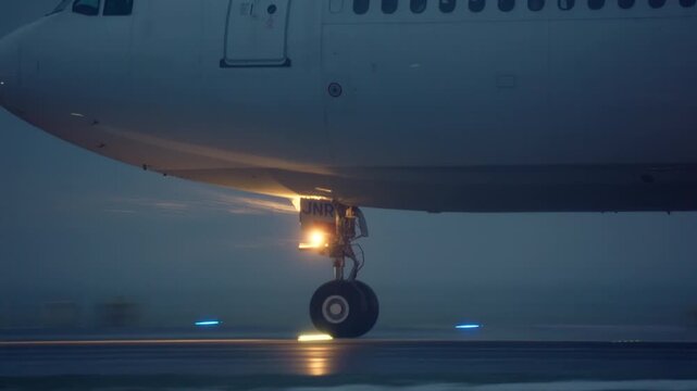 Close-up of a large passenger airplane nose landing gear lifting off a wet runway during takeoff at night in winter. The bright landing light illuminates the misty conditions and reflective surface