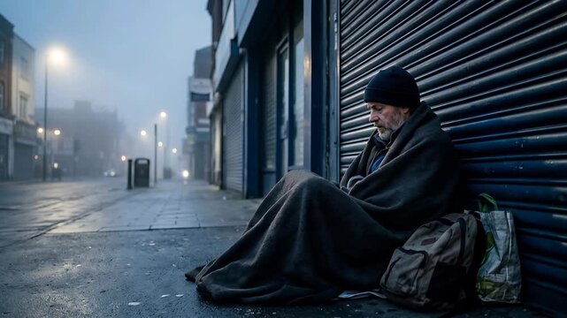 Elderly Man Wrapped in Dark Blanket Sitting on Urban Sidewalk Next to Rolling Shutters Under Overcast Sky Lighting Moody and Somber Atmosphere