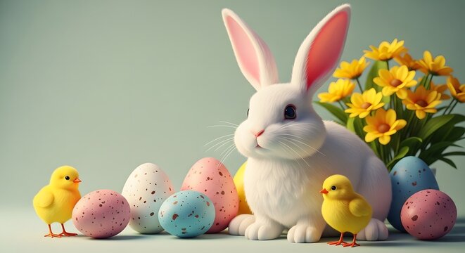 Easter bunny and chicks with colorful eggs and flowers