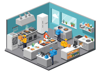 Obraz premium Isometric kitchen scene with chefs preparing food and delivery drivers collecting orders for dispatch