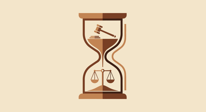 Hourglass with Gavel and Scales of Justice Symbolizing Legal Time.