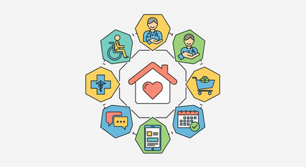 Naklejka premium Home Care Services and Support Icons Arranged in a Circle.