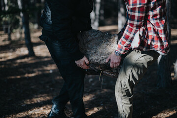 Fototapeta premium Two people lift a heavy log in a sunlit forest, highlighting teamwork and outdoor work.