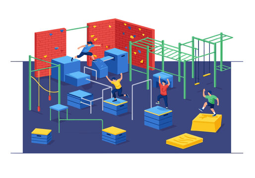 Isometric parkour gym with people training and obstacles for extreme sports