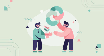 Fototapeta premium Two men collaborating on a project, one presenting a plant to the other holding a globe