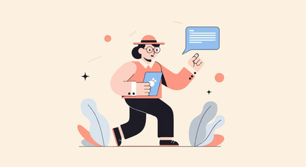 Animated person in hat holding tablet, talking bubble, and abstract shapes