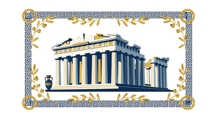 Naklejka premium Abstract colorful modern vector illustration of the Parthenon, a digital art background with ancient Greek architectural elements and a decorative border