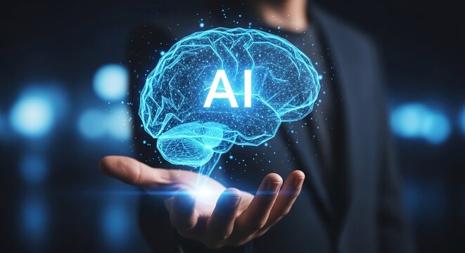 Artificial Intelligence (AI) Brain Hologram Held by Human Hand