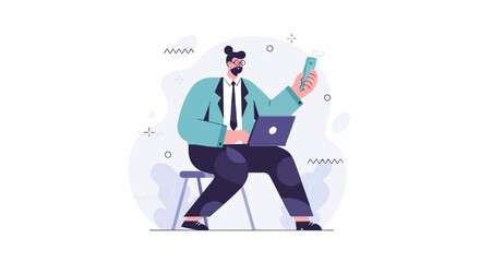 Obraz premium Businessman working on laptop and holding smartphone while seated