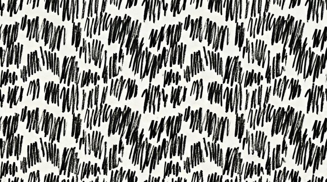 Seamless abstract hand drawn black ink scribble pattern on white background for fabric and wallpaper design.
