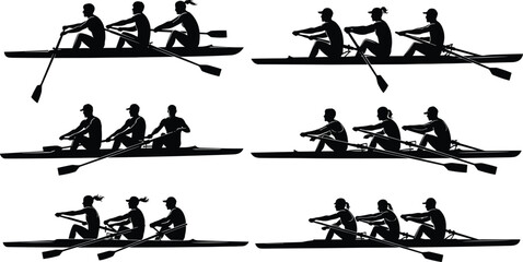 Art & IllustrationSilhouette illustration of rowing teams in boats, synchronized athletes with oars, teamwork and competitive water sport concept, dynamic vector design collection © SreeAuchintoKumar