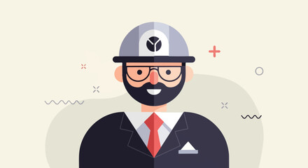 Flat illustration of a smiling man with glasses, beard, and hard hat