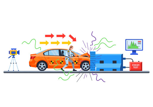 Automotive crash test simulation with dummy and data monitoring for safety research