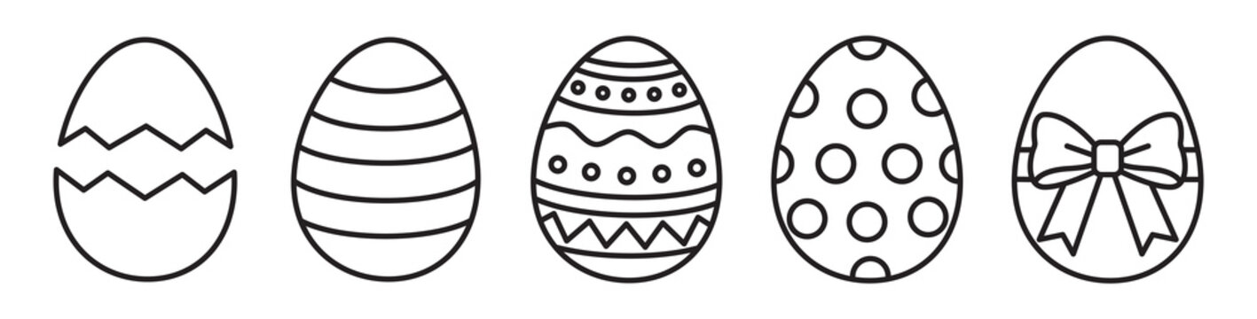 Easter egg icon set. Features cracked shell, decorated patterns, and chocolate egg with ribbon bow. Black linear vector with editable stroke. Minimalist festive spring holiday symbols.