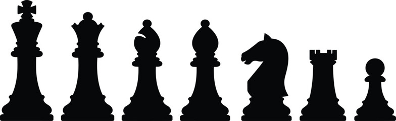 Black silhouette chess pieces set – king, queen, bishops, knight, rook, pawn, classic strategy game icons, vector illustration © Clipart Galaxy