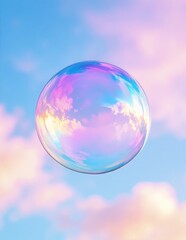 Fototapeta premium a delicate soap bubble floating in the air, shimmering with rainbow colors against a soft, blurred background