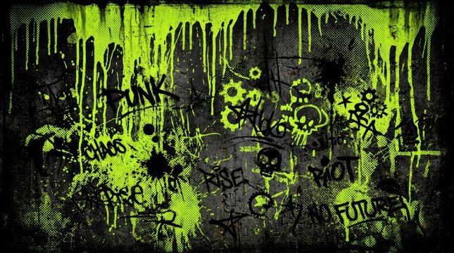 Grungy urban street art background featuring neon green paint drips, skulls, and punk graffiti elements on a distressed dark concrete wall texture.
