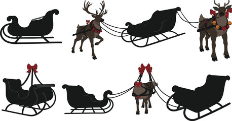 Christmas sleigh vector, festive reindeer clipart, holiday decoration, Santa transport, red bow ornament, winter silhouette, harness design, seasonal graphic art © Clipart Galaxy