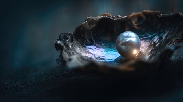 secretion. A luminous pearl nestled inside a dark oyster shell, soft iridescent glow. wildlife magazines, conservation campaigns, designed for wildlife conservation campaigns.