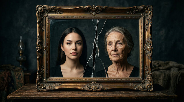 cracked framed portrait of a woman split into young and old halves symbolizing the transience of youth and life