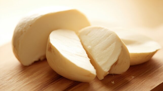 caciocavallo. Close-up of a freshly cut cheese with a dense pale interior and smooth surface. menu design, packaging mockups, designed for culinary blogs and recipe cards for restaurants.