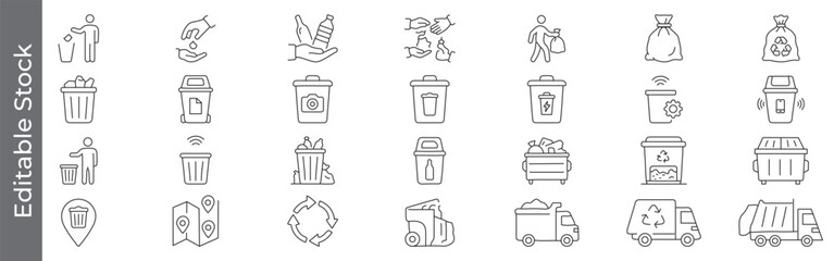 Waste management and recycling icon set – editable outline symbols of trash, bin, recycling, garbage carry, garbage truck, sorting and eco-friendly