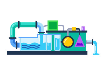 Abstract illustration of a water treatment plant with pipes, tanks, and filters
