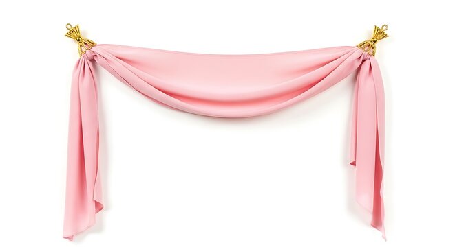 Pink fabric draped with gold decorations isolated on white background