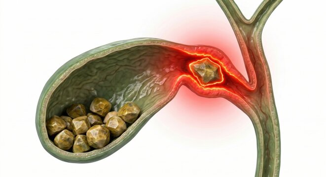 Gallstones gallbladder biliary duct anatomy rendering showing multiple hard crystals and cystic tube blockage representing acute painful digestive pathology clinical science