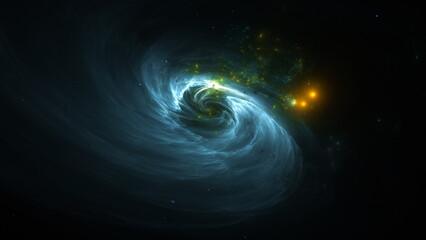 swirling galaxy appears in dark space with bright stars and cosmic dust surrounding a central area. This scene illustrates the vastness of the universe and cosmic activity. 3d render © angel_nt