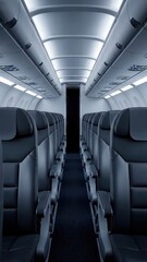 Fototapeta premium Interior view of airplane cabin showing black leather seats, overhead compartments, and flying objects, illustrating a dynamic scene of movement and change in a confined space