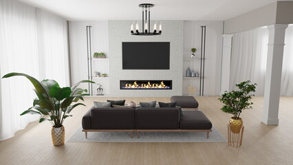 Fototapeta premium living room with a big window letting in light and a modern fireplace along the wall. There are plants and furniture arranged for well-lit relaxation and comfort. 3d render