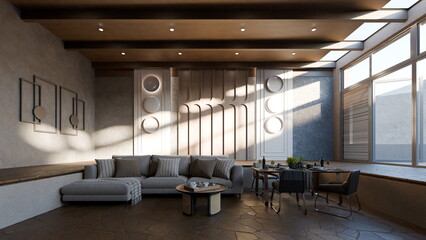 Sunlight streams into a modern living room filled with a sofa, coffee table, and dining area. space...