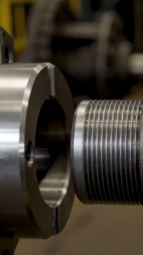Close-up view of metal components being aligned in a machining process, showcasing the precision of threading and fitting in an industrial workshop environment